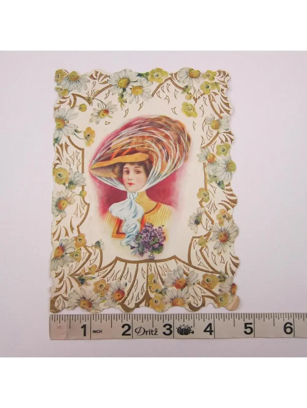 Vintage Valentine Card 1910s Woman Straw Hat Feather Scarf Flower Die cut Bifold